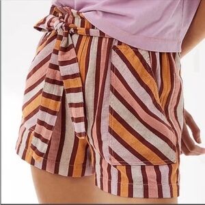 Anthropologie Striped High Rise Belted Shorts Pink Red Large NWT